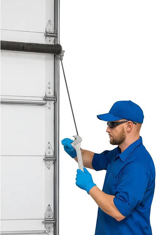 Austin's Affordable Garage Doors technician repairing a garage door spring and cable